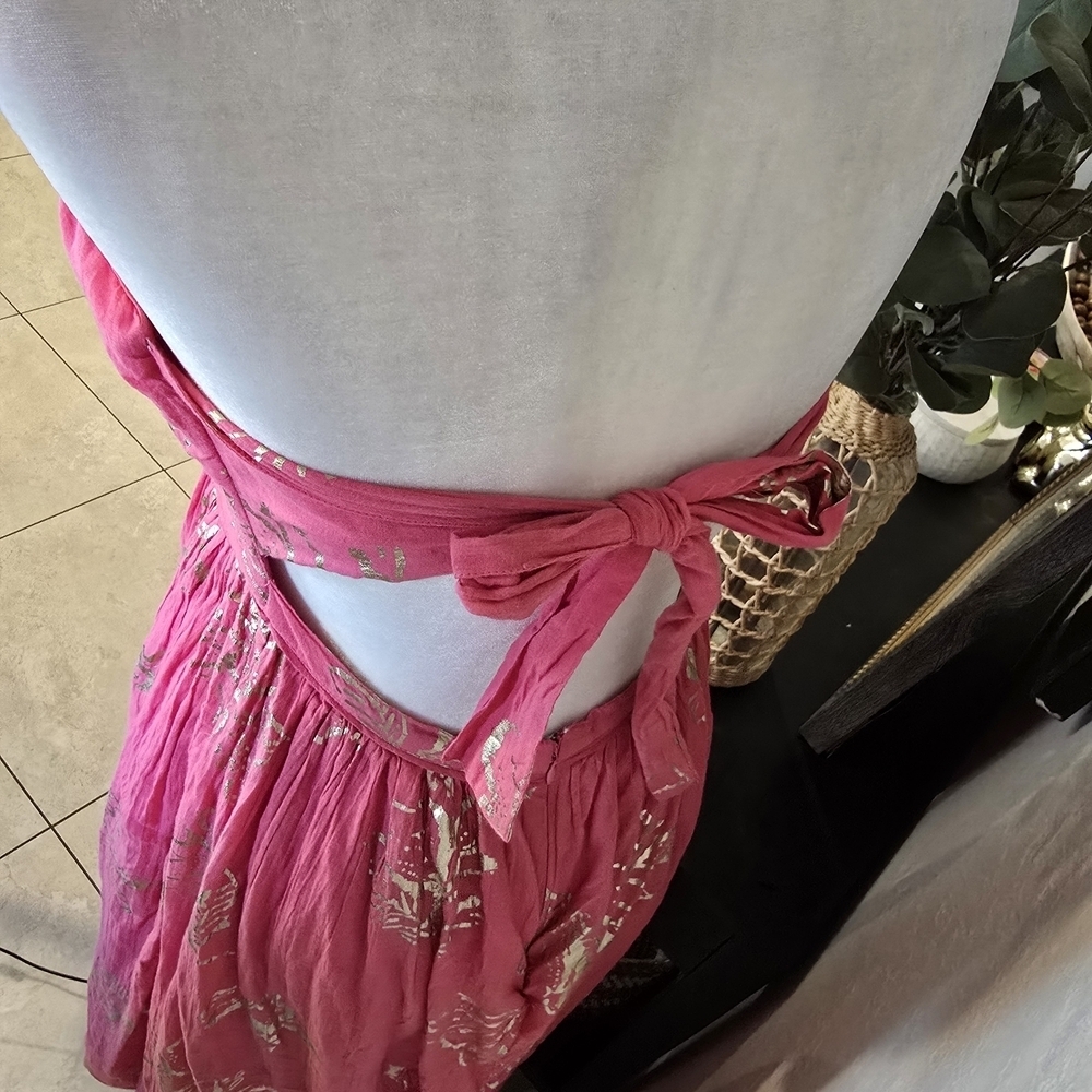 Free People Dress Baja Babe Midi Pink Metallic Floral Strapless Back Tie M - Picture 6 of 9